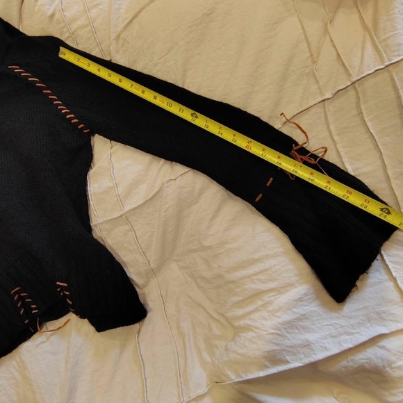 Black Knit Y2K Whipstitch Leather Black Hoodie Sweater Women L Bell Sleeve Boho - Picture 6 of 7